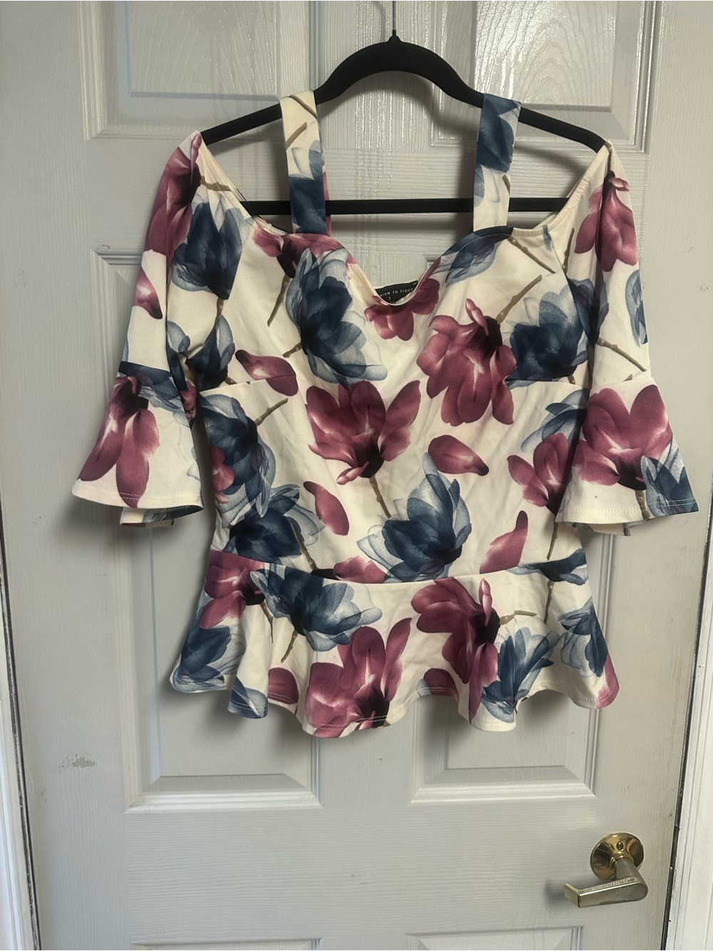 Fashion to Figure White Peplum Cold-Shoulder Top with Blue and Pink Floral Print